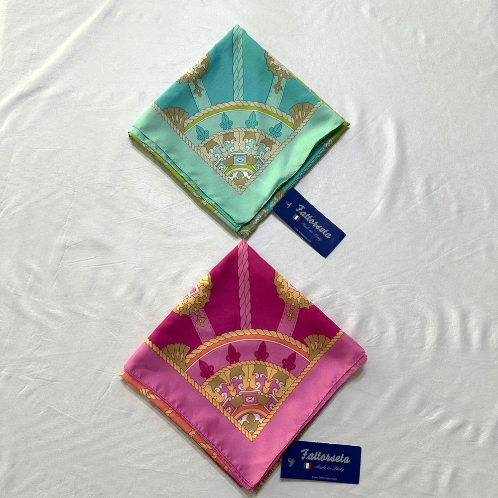 NWT Fattorseta Italy Satin Scarf Set 2 Pink Teal Nautical Equestrian Preppy Chic